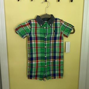 Ralph Lauren Green Check Onesie with snaps and buttons up front